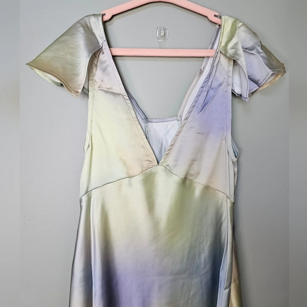 WeWoreWhat Watercolor Silky Charmeuse Midi Slip Dress, Cap Flutter Sleeve Size 0